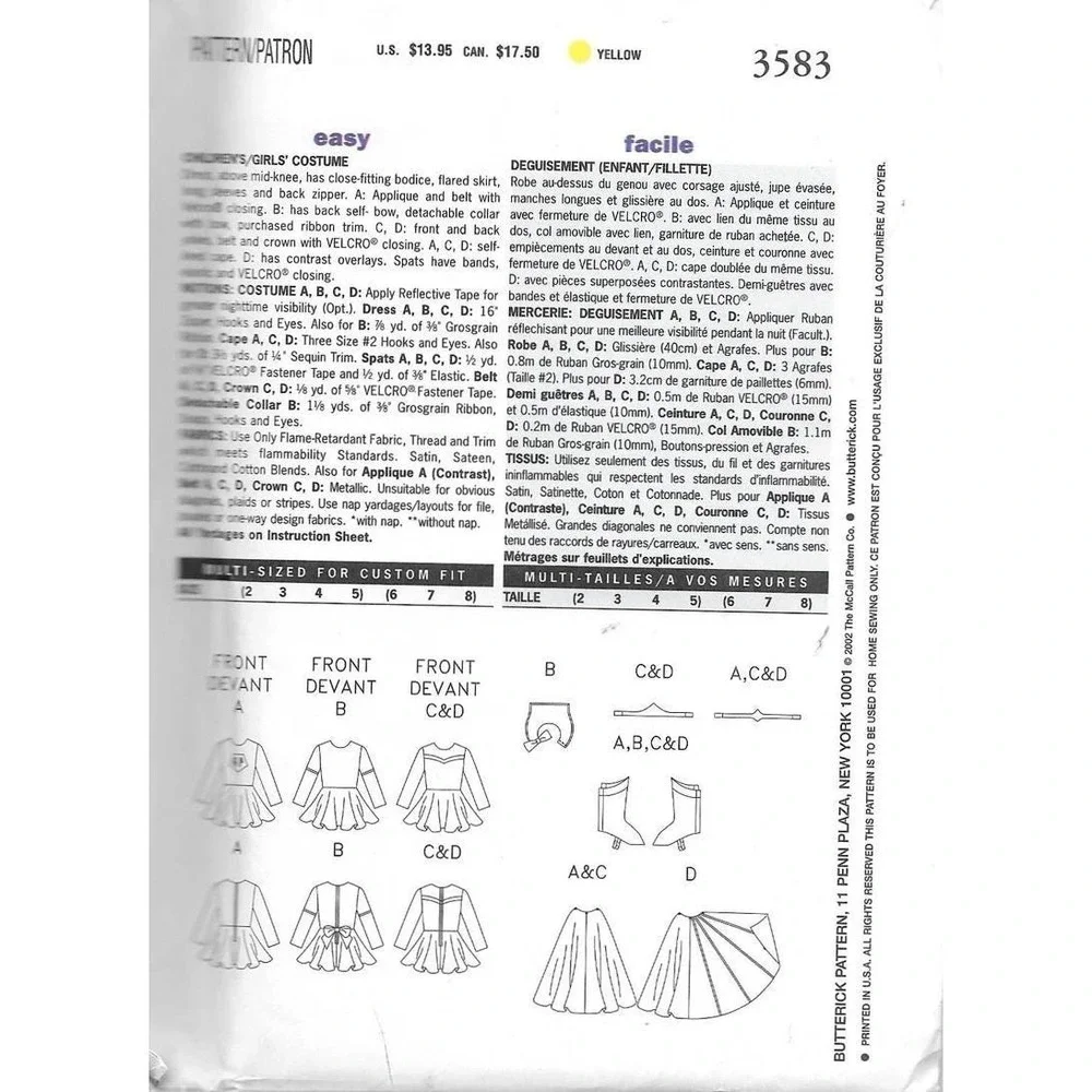 Butterick 3583‎ Girls Superhero Costume Sewing Pattern Size 6-8 Uncut